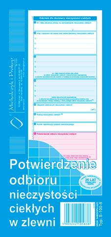 DRUK-S-100-8 POTWIERDZENIE ODBIORU NIECZYSTOŚCI CIEKŁYCH W ZLEWNI 1/3A4