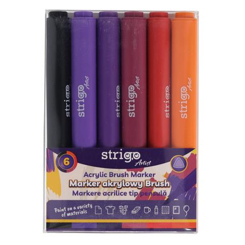 STRIGO MARKER AKRYLOWY Z KOŃCÓWKĄ BRUSH W TRÓKĄTNEJ OBUDOWIE 6 KOLORÓW SSC434   WPC